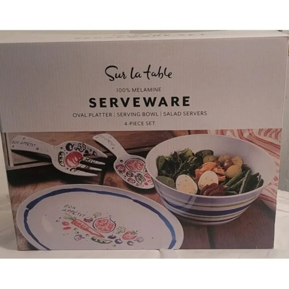 NEW Sur La Table 4-Pc. Melamine Serving‎ Set, Oval Platter, Bowl, Salad Servers